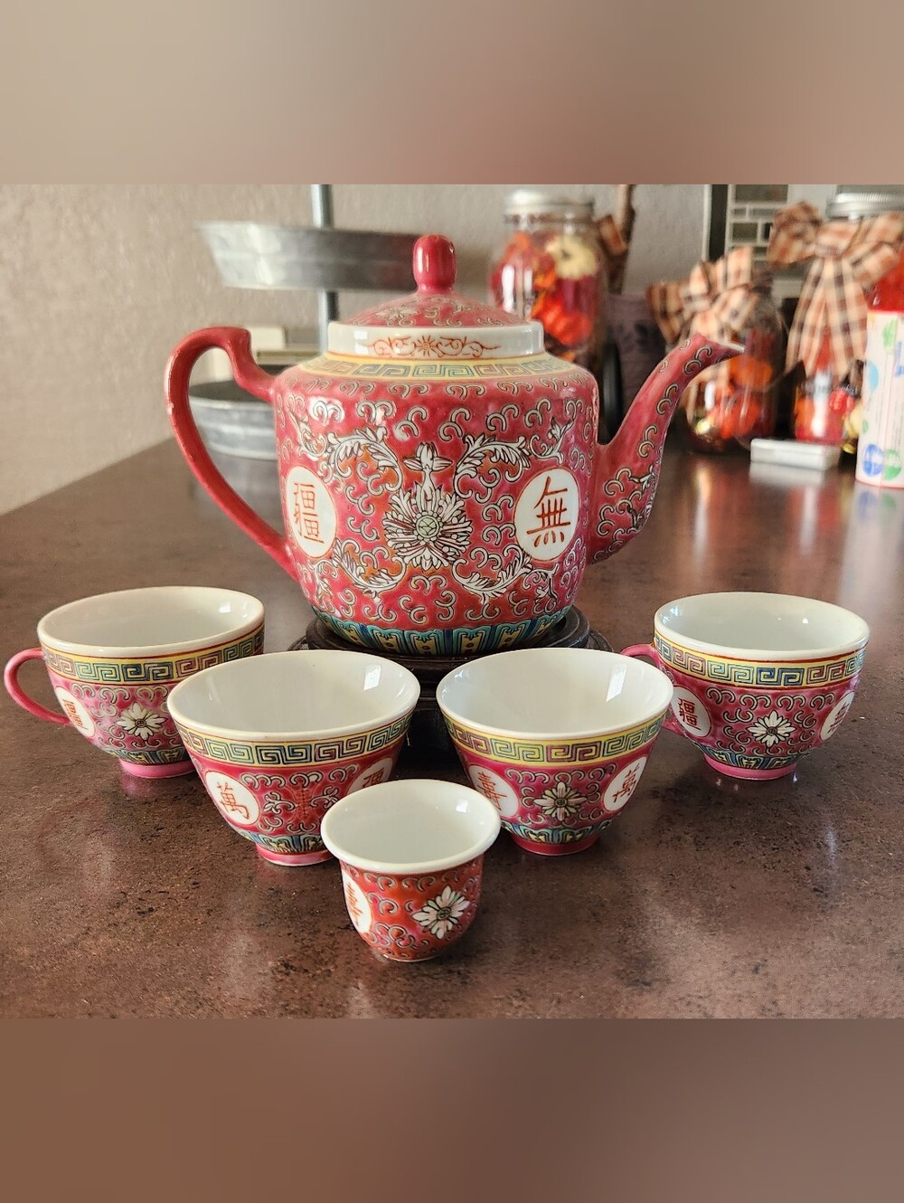 Vintage Jingdezhen Mun Shou Famille Rose Porcelain Tea Set